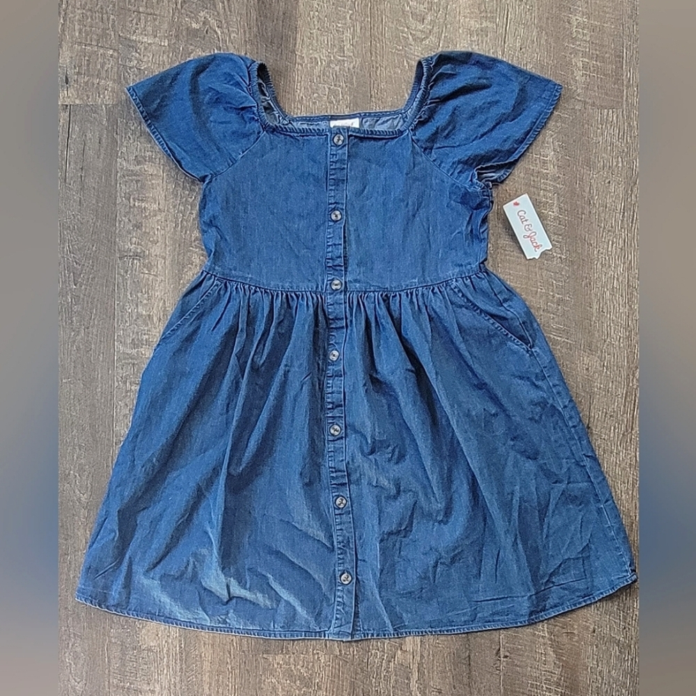 Cat & Jack Chambray Denim Dress Little Girls XL (14-16) Medium Wash Flutter Cap